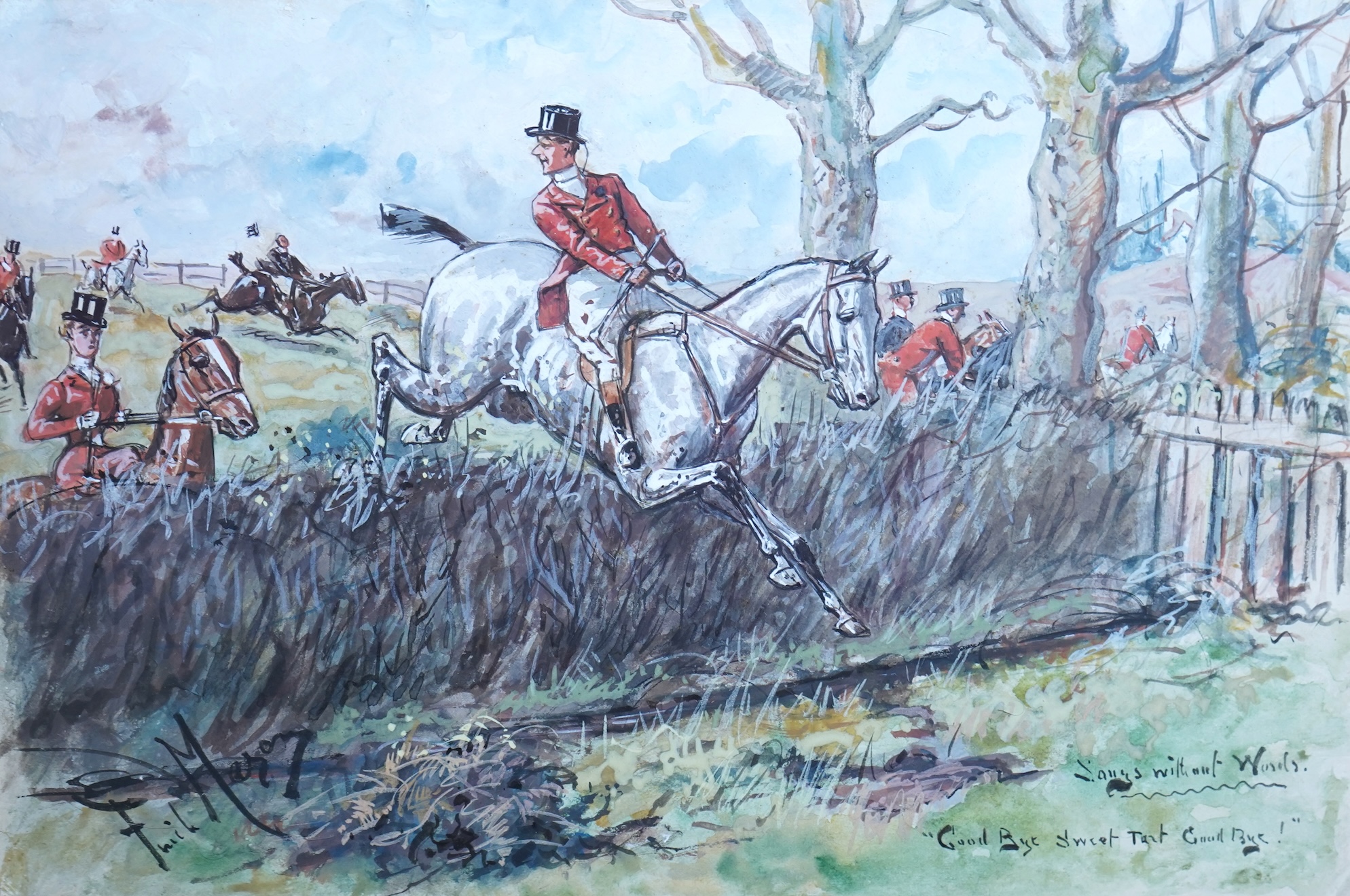 George Finch Mason (1850-1915), three hunting interest watercolours heightened with white, to include: 'Fiend in top boots' and 'Goodbye sweet tart goodbye!', each signed, largest 25 x 36cm